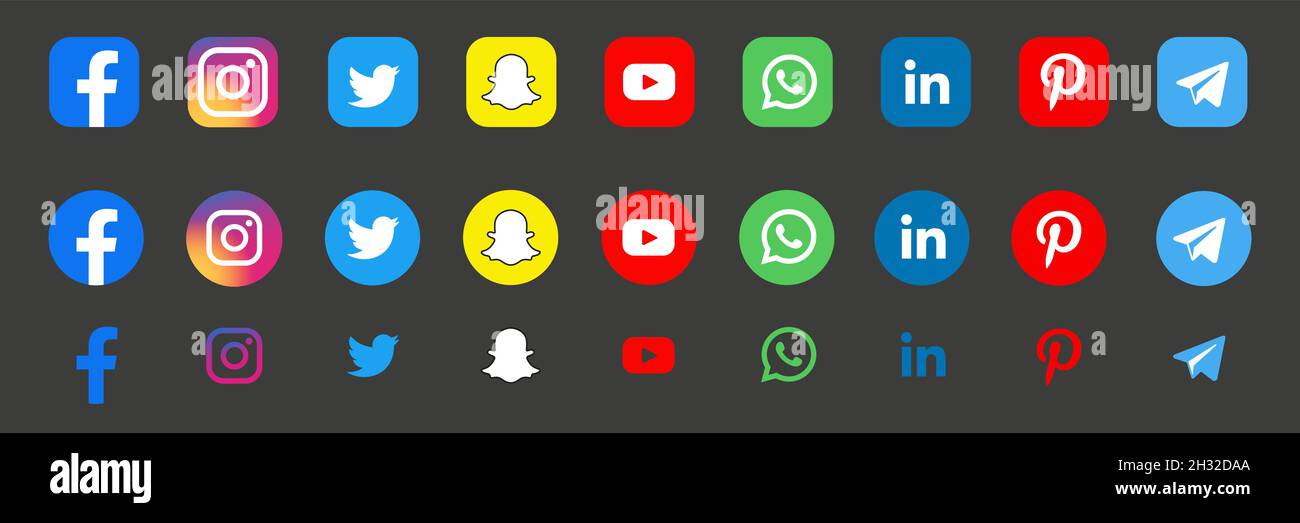 Facebook, twitter, instagram, youtube, snapchat, pinterest, whatsap, linkedin, periscope, vimeo - raccolta di logo popolari sui social media. Illustrazione Vettoriale