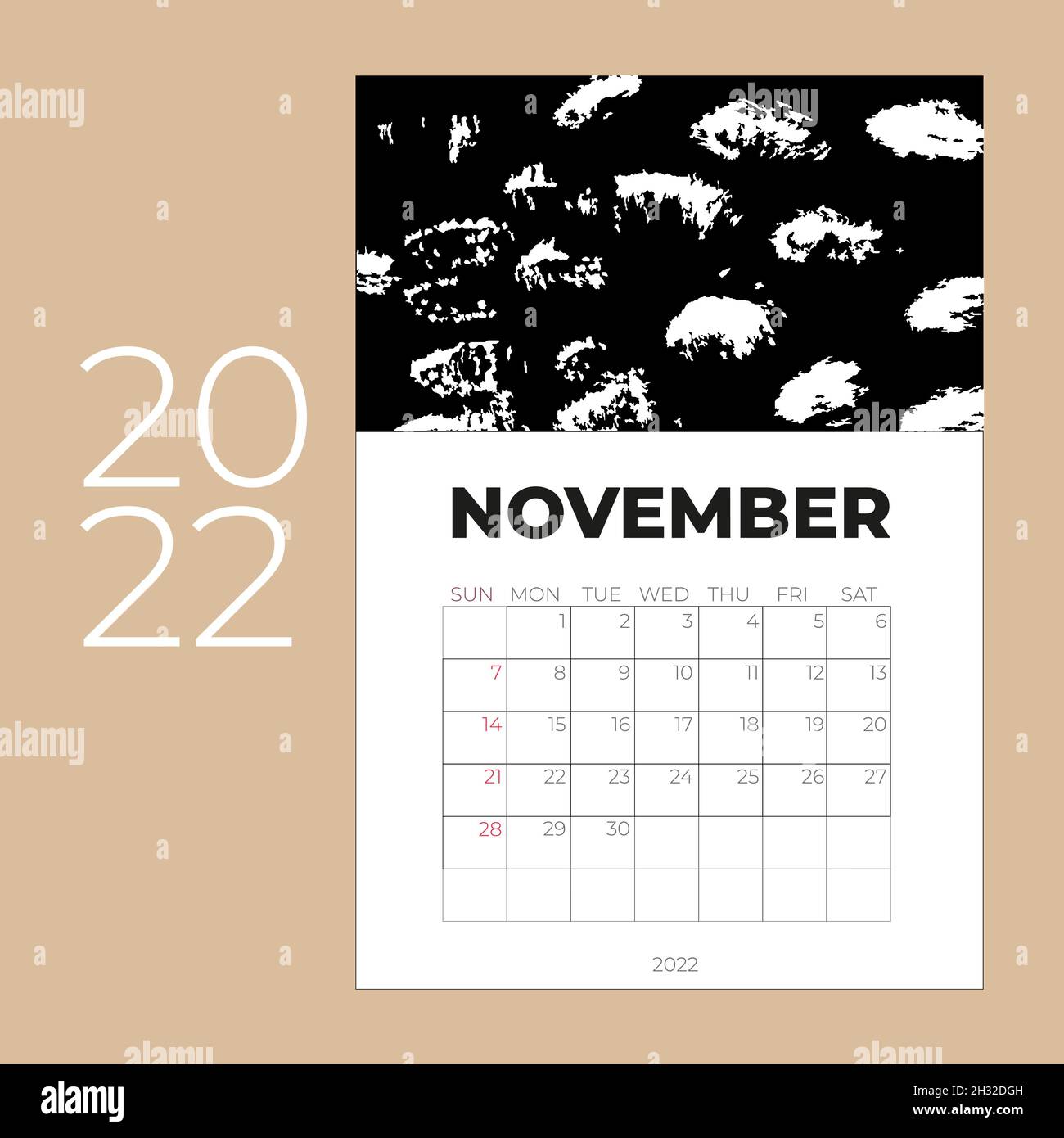 Calendario di novembre 2022. Stile piatto. La settimana inizia la domenica. Vettore Illustrazione Vettoriale