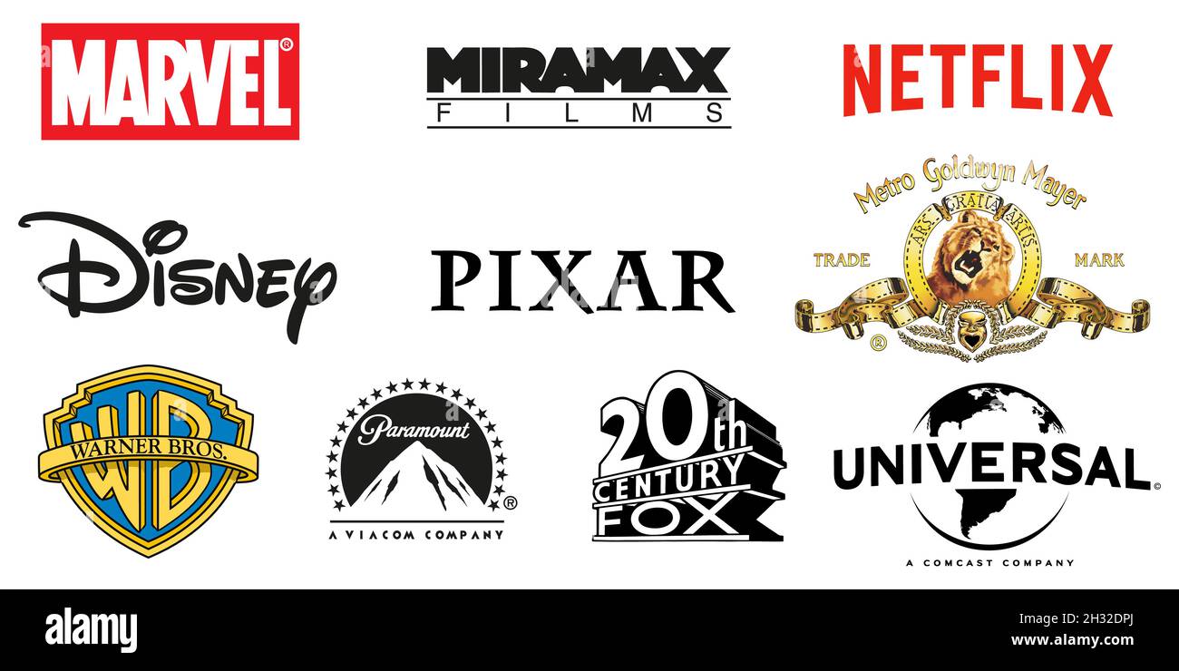 Set di popolari film studio: netflix, Marvel, pixar, disney, 20th Fox, miramax, universale Illustrazione Vettoriale