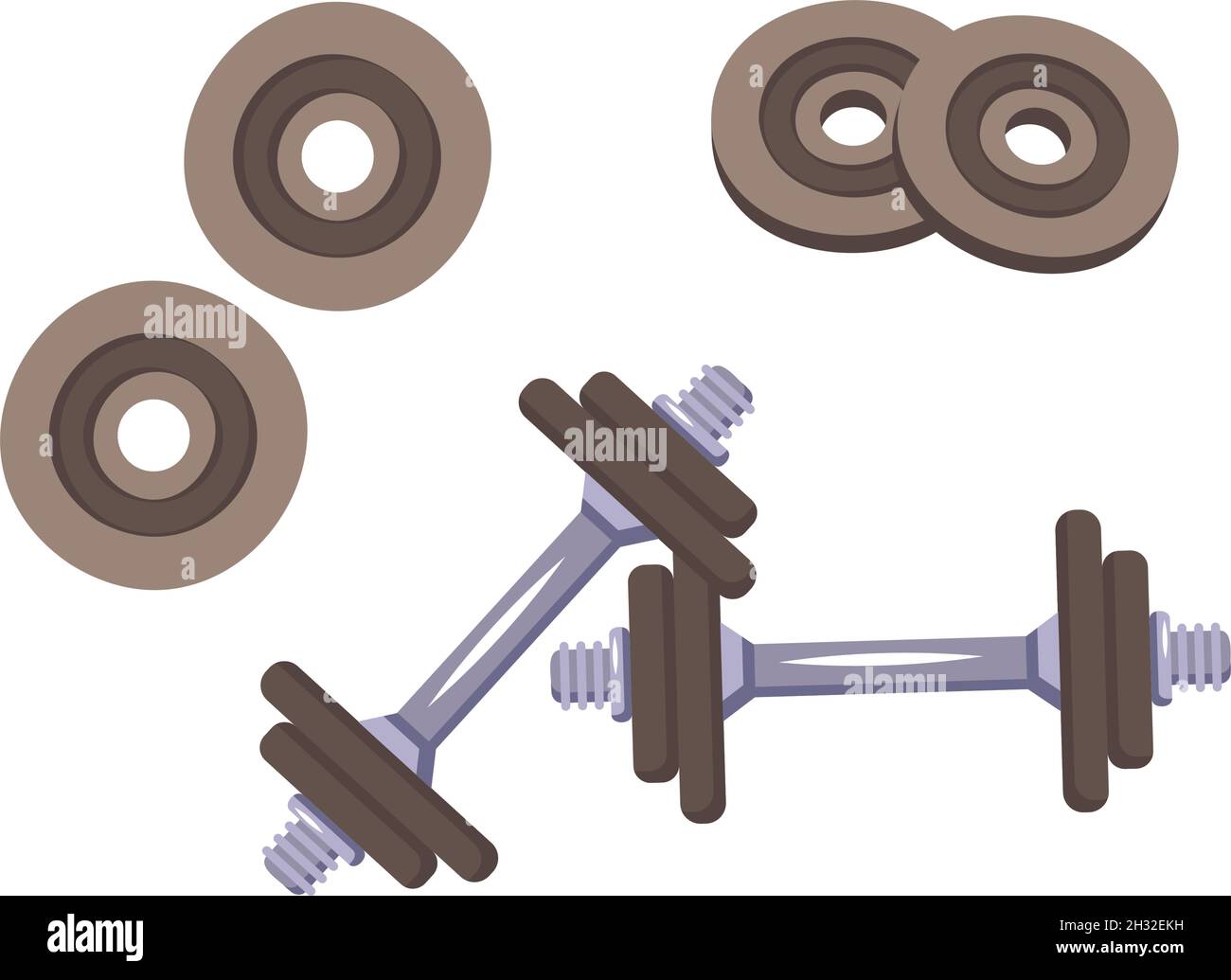 Manubri con pesi aggiuntivi per sport ed esercizio. Illustrazione vettoriale di attrezzature sportive in stile piatto per la palestra o fitness club, muscolo di allenamento a casa Illustrazione Vettoriale
