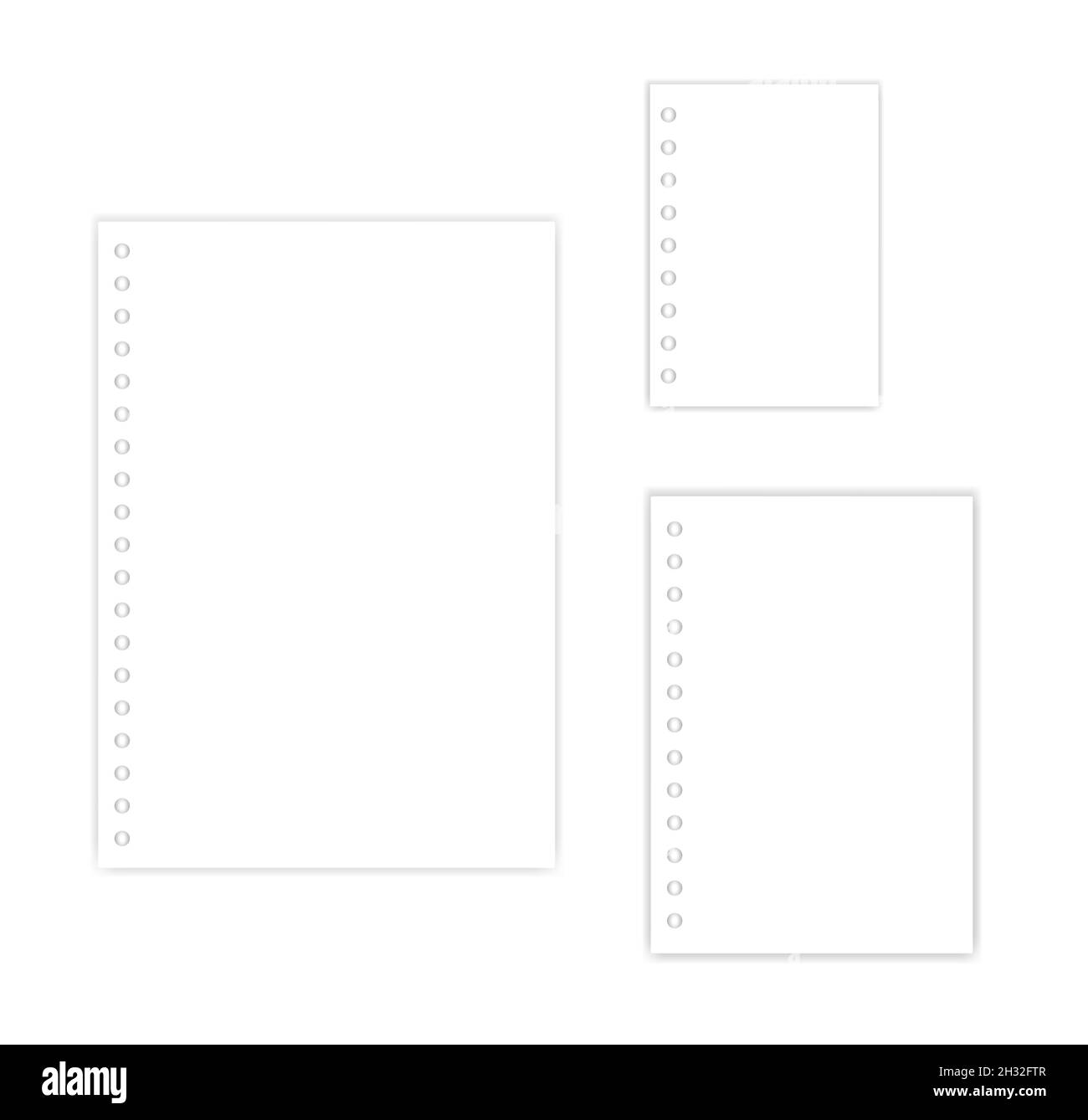 Fogli di carta bianca per rilegatori ad anelli perforati. Set di formati A4, A5, A6. Modello vettoriale per la progettazione Illustrazione Vettoriale