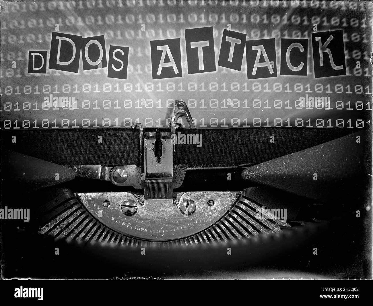 Attacco DDoS, attacco Denial-of-Service, Typewriter, tecnologia, Retrofuturismo Foto Stock