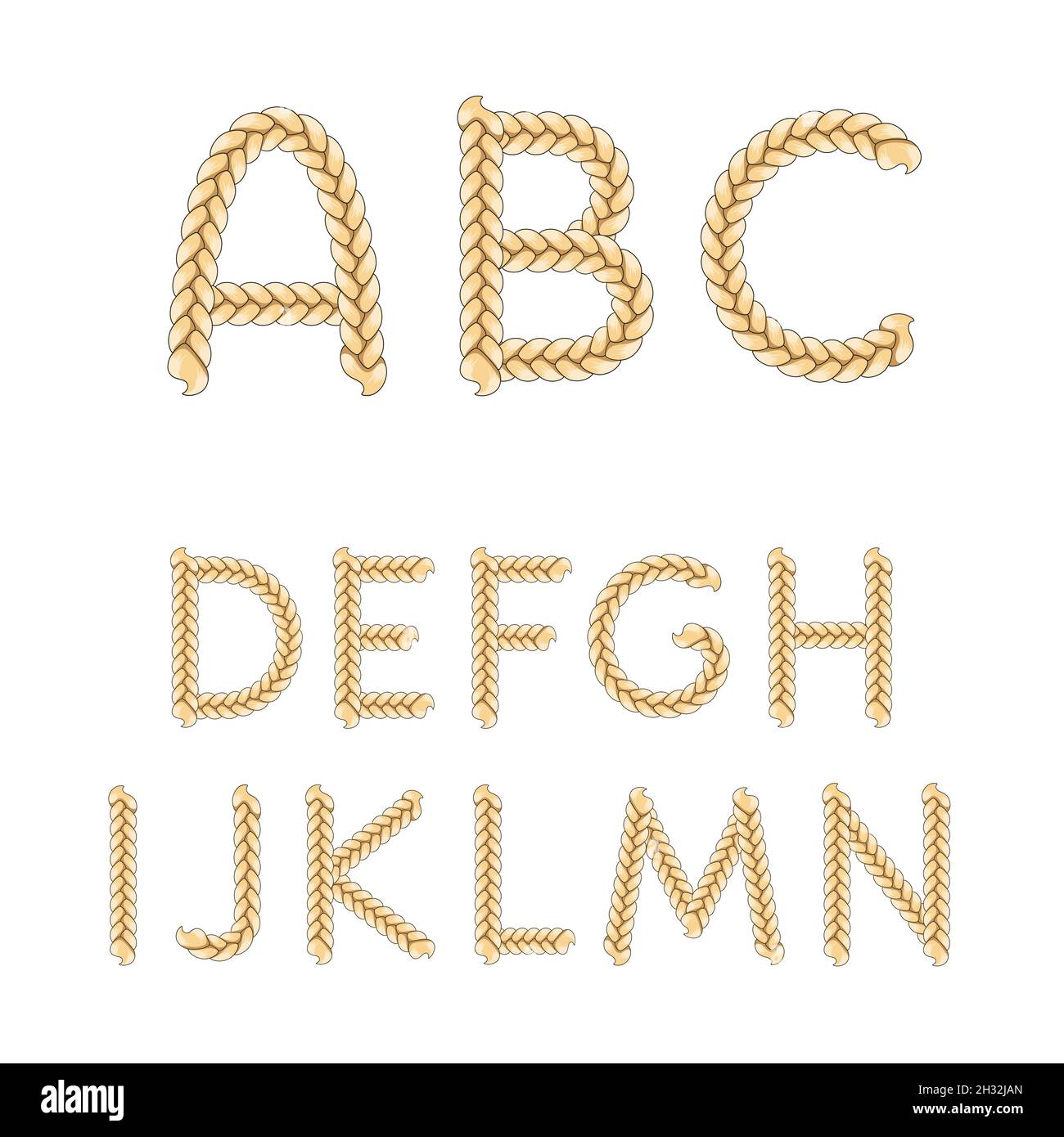 Alfabeto da trecce, lettere da A a N. oggetti vettoriali isolati su sfondo bianco. Illustrazione Vettoriale