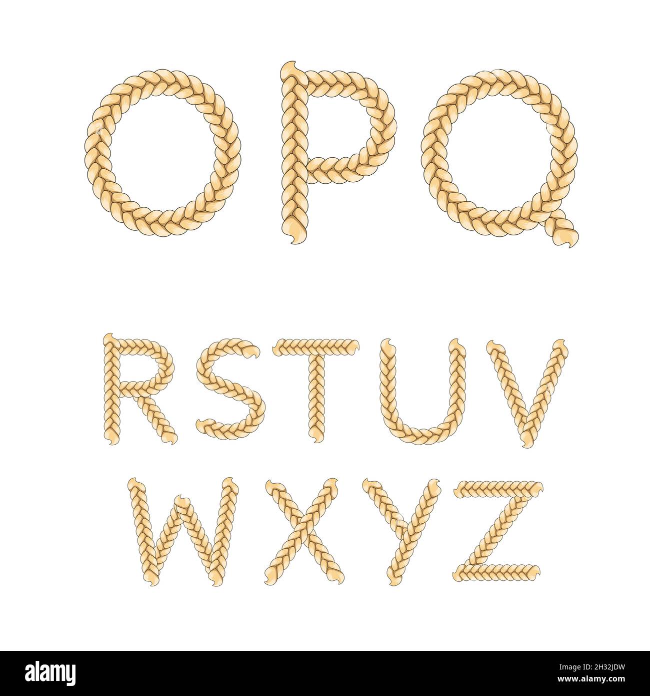 Alfabeto da trecce, lettere da o a Z. oggetti vettoriali isolati su sfondo bianco. Illustrazione Vettoriale