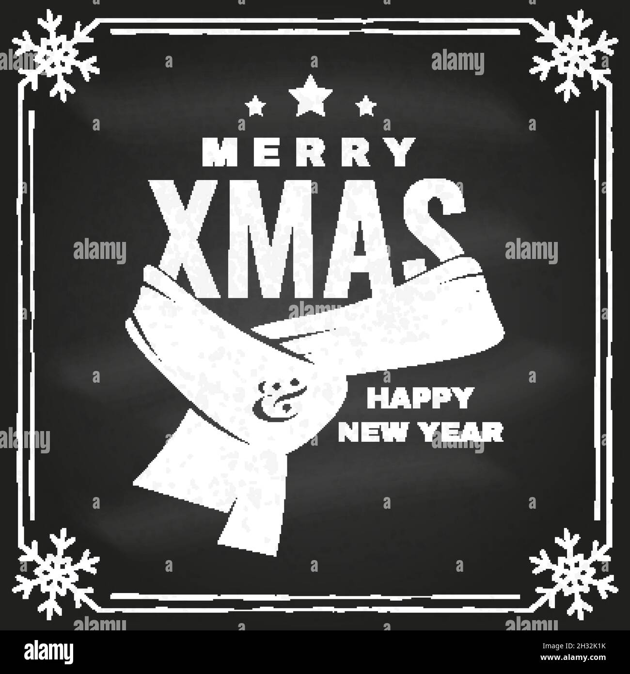 Buon Natale e felice anno nuovo timbro, adesivo con foulard inverno Babbo Natale. Vettore sulla lavagna. Grafica tipografica vintage per Natale, novità Illustrazione Vettoriale