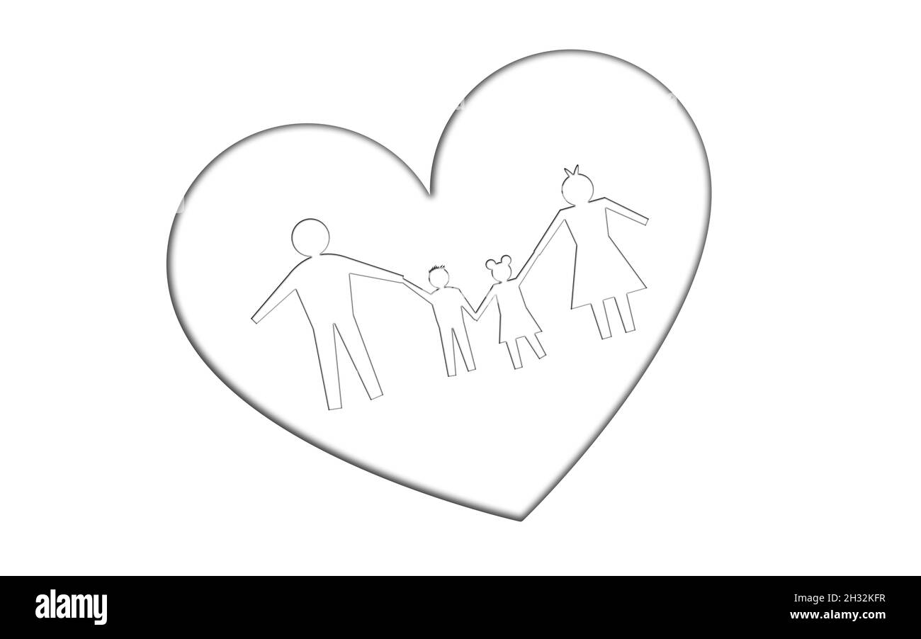 Carta taglio Family Love Concept. Family Inside White Heart shape on white background. Family Care and Love Concept red Foto Stock