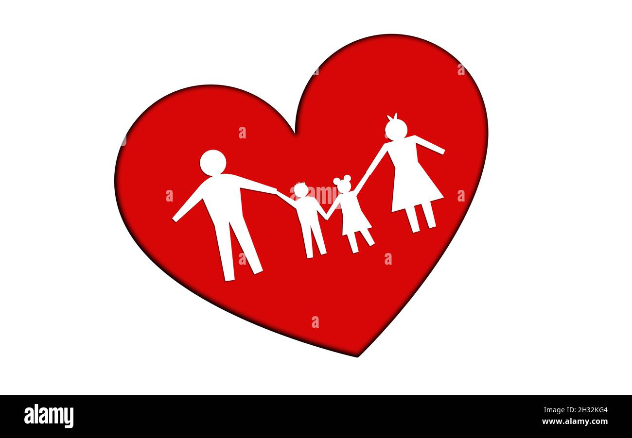 Il concetto di amore della famiglia del taglio della carta. La famiglia all'interno del cuore rosso forma su sfondo bianco. Concetto di amore e di cura della famiglia Foto Stock