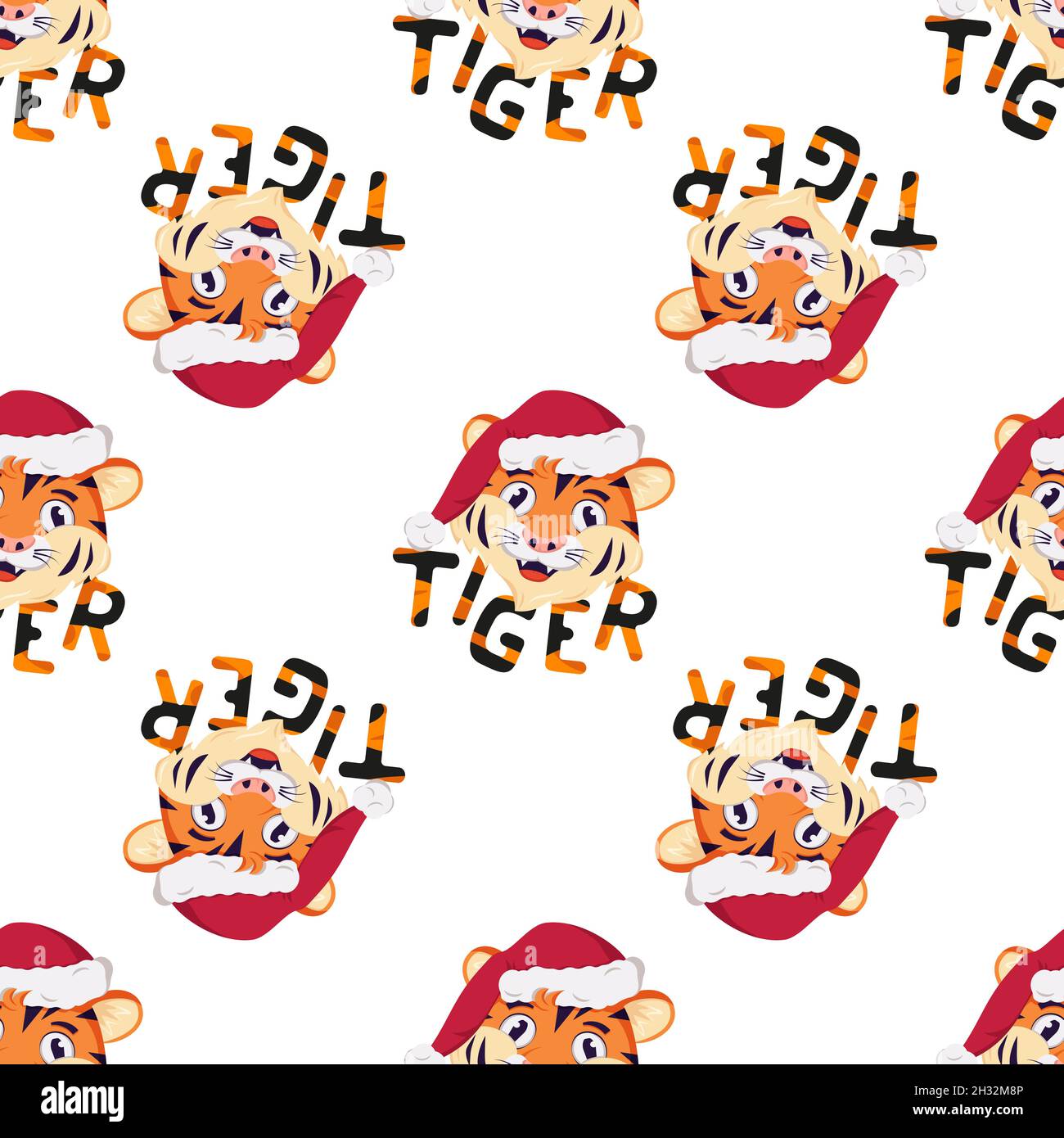 Modello senza cuciture con Happy Tiger, simbolo di Capodanno in rosso Natale  cappello Santa. Stampa per decorazioni natalizie con caratteri a righe  arancioni Immagine e Vettoriale - Alamy