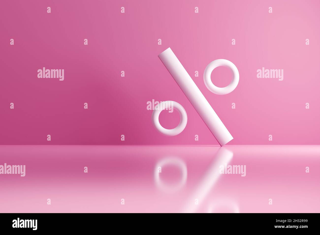 Simbolo percentuale bianco su sfondo rosa. Concetto di tag metadati dei social media nel rendering 3D. Foto Stock