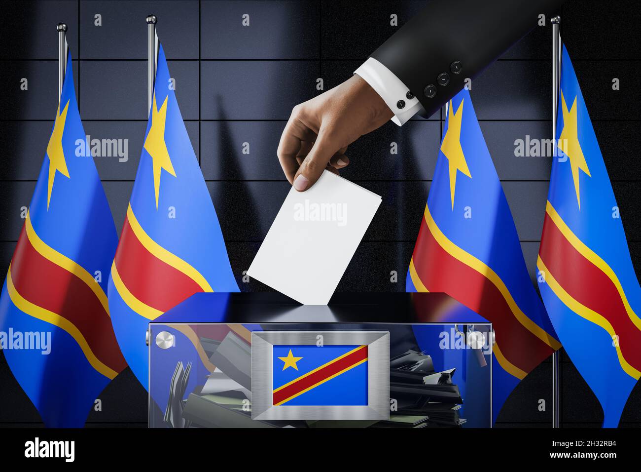 Bandiere della Repubblica Democratica del Congo, mano che cade la scheda di voto in una scatola - voto, concetto di elezione - illustrazione 3D Foto Stock