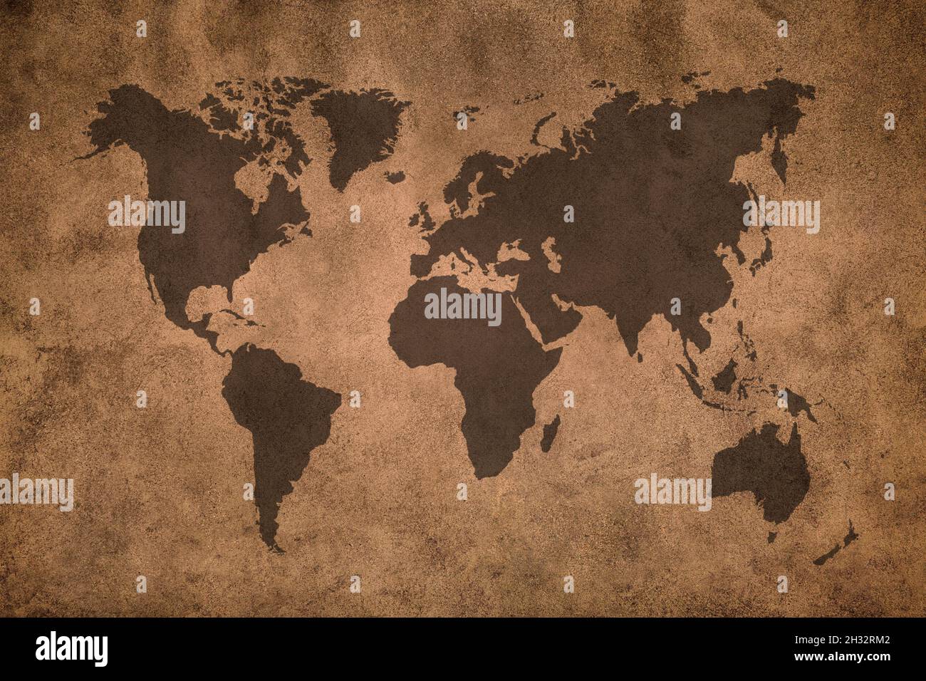 Mappa del mondo su seppia parete cemento intonaco vintage texture sfondo. Foto Stock