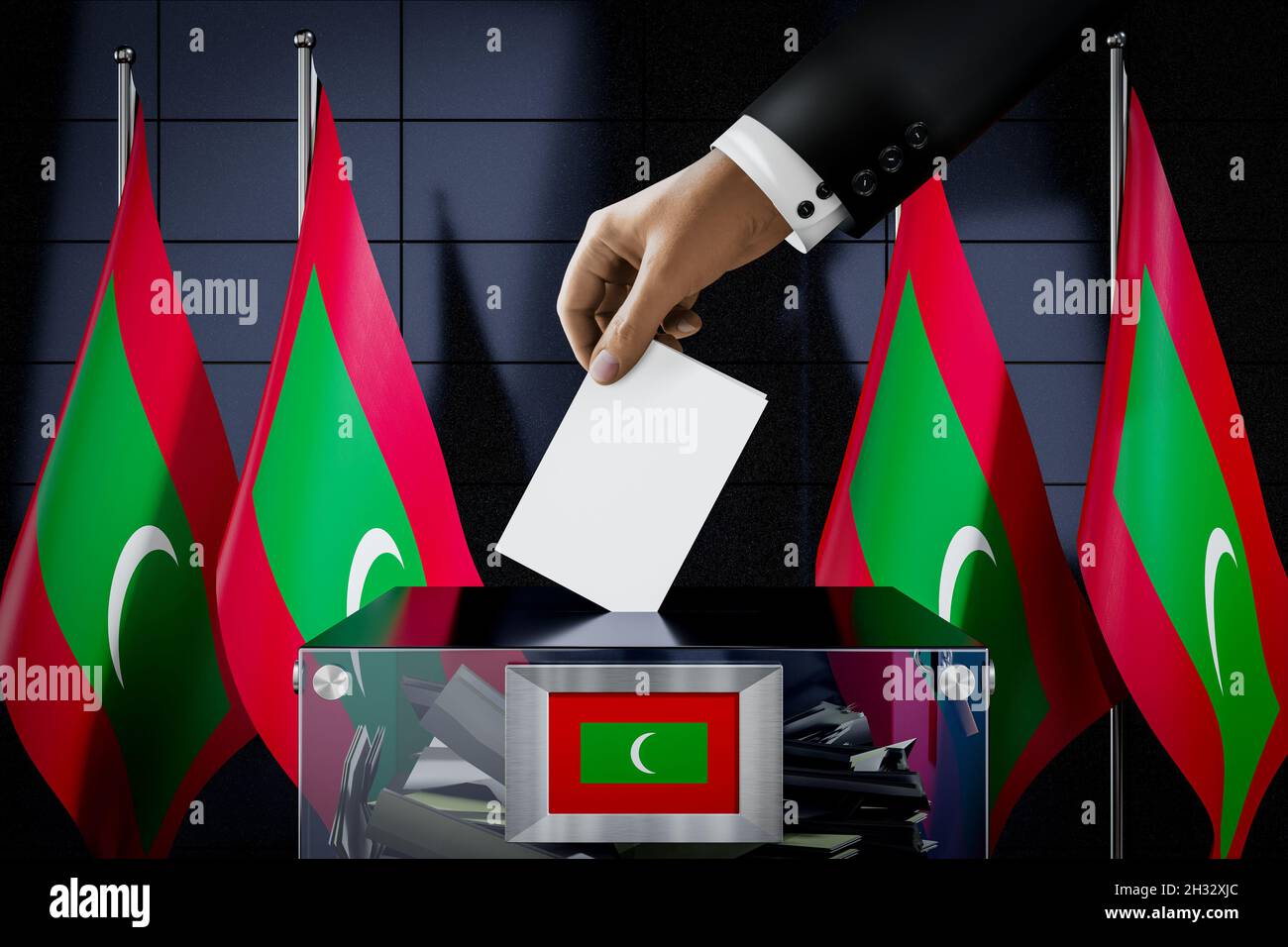 Bandiere delle Maldive, mano che cade la scheda del ballottaggio in una scatola - voto, concetto di elezione - illustrazione 3D Foto Stock