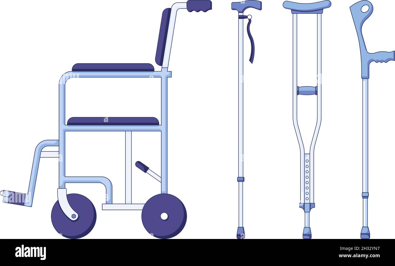 Set di icone per grondoli e sedie a rotelle. Illustrazione vettoriale di due stampelle metalliche e bastoni ambulanti medici per la riabilitazione di una gamba rotta in un piatto Illustrazione Vettoriale