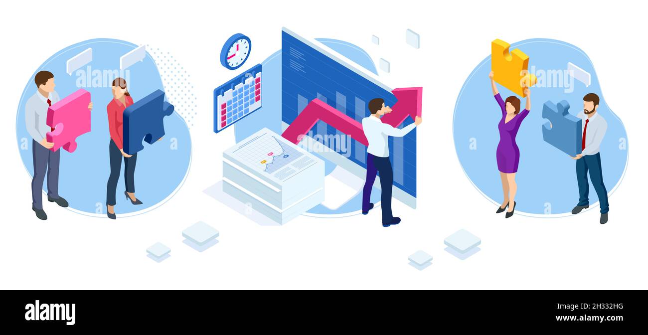 Concetto di pianificazione aziendale strategica isometrica. Business online, Partnership e Agreement Business Marketing, soluzione B2B Illustrazione Vettoriale