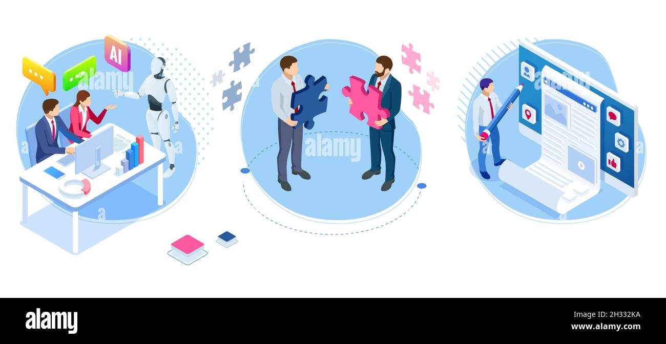 Concetto di pianificazione aziendale strategica isometrica. Business online, partnership e accordo Illustrazione Vettoriale