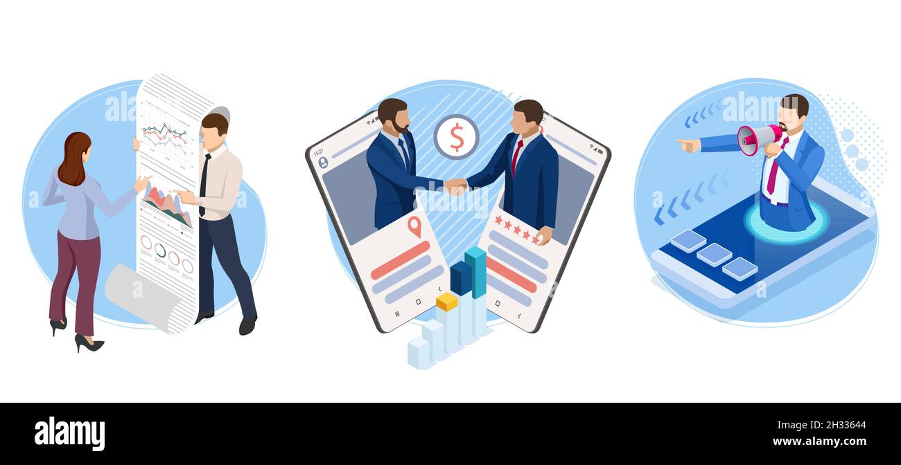 Collaborazione aziendale isometrica di successo. B2B. Dati e indicatori chiave delle prestazioni per l'analisi della business intelligence. Uomini d'affari che scuotono le mani Illustrazione Vettoriale