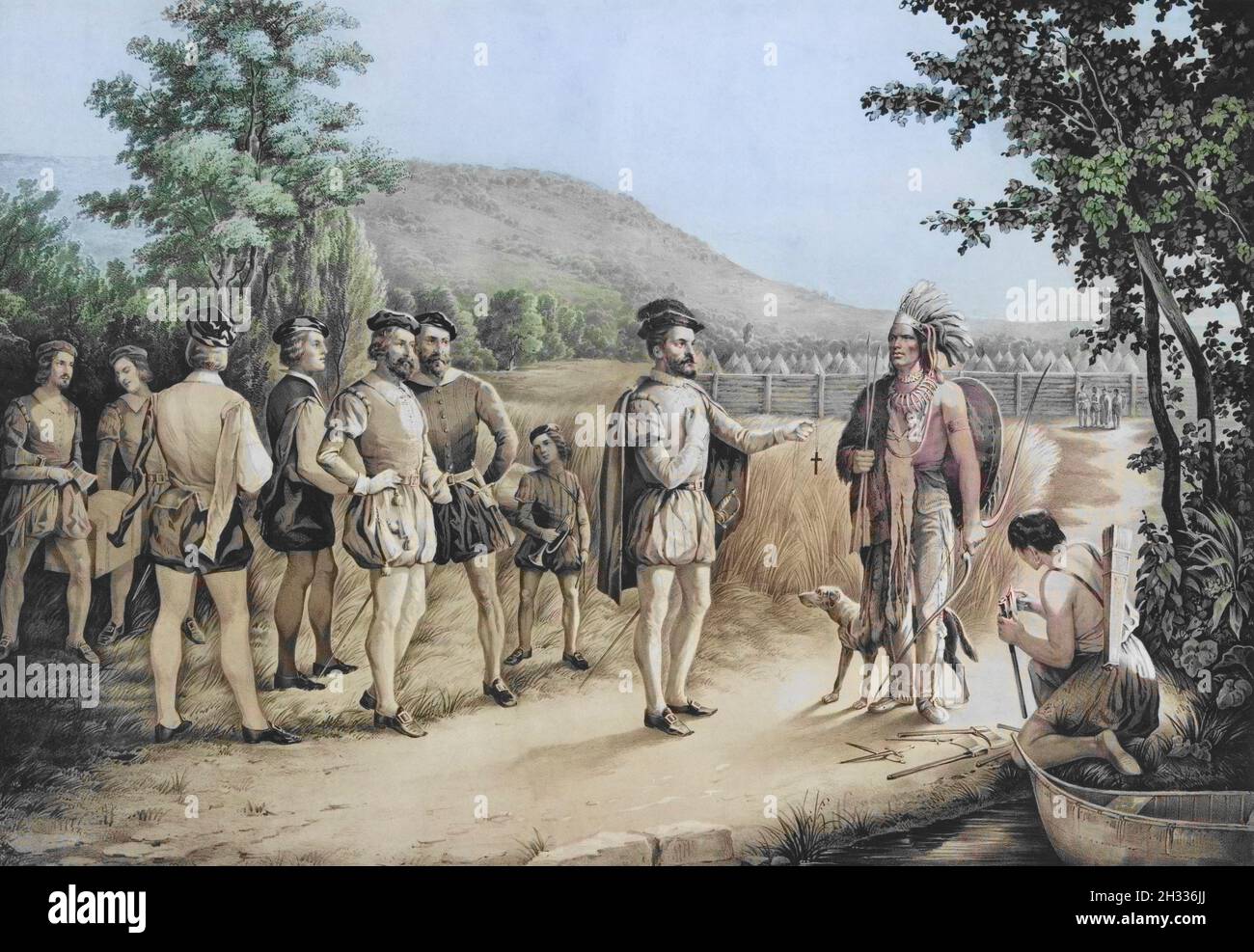 l'esploratore francese Jacques Cartier incontra i nativi americani della nazione Irochelaga (Montreal moderna, Canada), 2 ottobre 1535. Jacques Cartier, 1491 - 1557. Dopo un lavoro del 1850 di Andrew Morris. Foto Stock