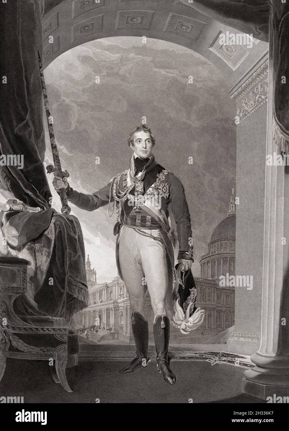 Il duca di Wellington che detiene la Grande spada di Stato. Dopo un dipinto di Thomas Lawrence. Arthur Wellesley, Duca di Wellington, 1769 - 1852. Foto Stock
