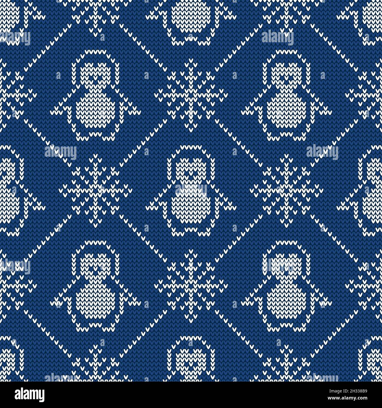 Maglia senza cuciture con pinguini e fiocchi di neve. Sfondo maglione invernale. Illustrazione vettoriale. Illustrazione Vettoriale