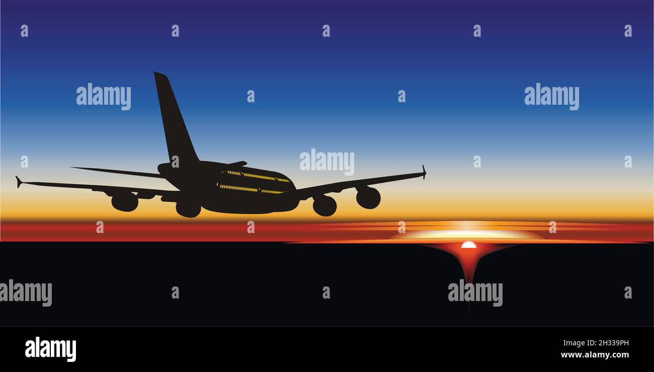 Illustrazione aeromobile passeggeri A380 Airbus all'alba. Formato vettoriale EPS-8 disponibile separato da gruppi e livelli per una facile modifica Illustrazione Vettoriale
