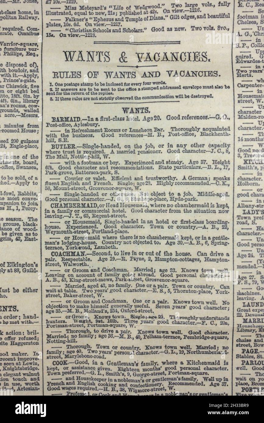 Wants & Vacancies sezione in un'era vittoriana di scambio e Mart (replica) dal 13th maggio 1868. Foto Stock