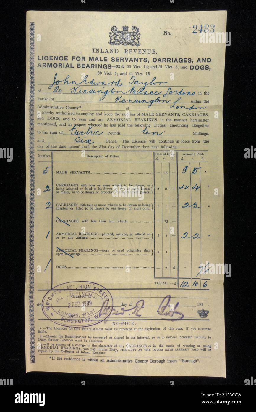 Copia replica di una licenza di Inland Revenue Notice di epoca vittoriana per i servi e le carrozze maschili (1899). Foto Stock