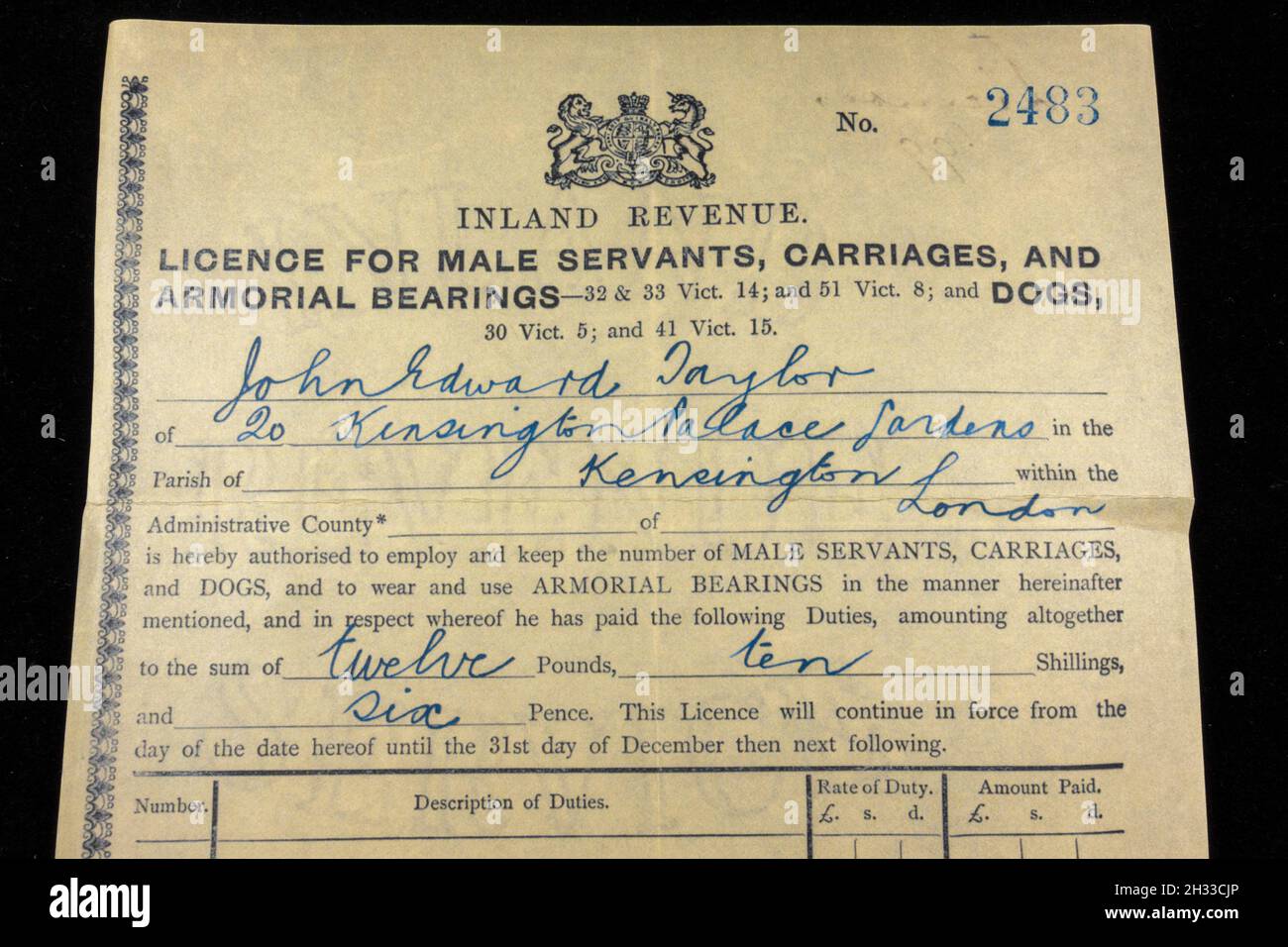 Copia replica di una licenza di Inland Revenue Notice di epoca vittoriana per servitori e carrozze (1899) Foto Stock