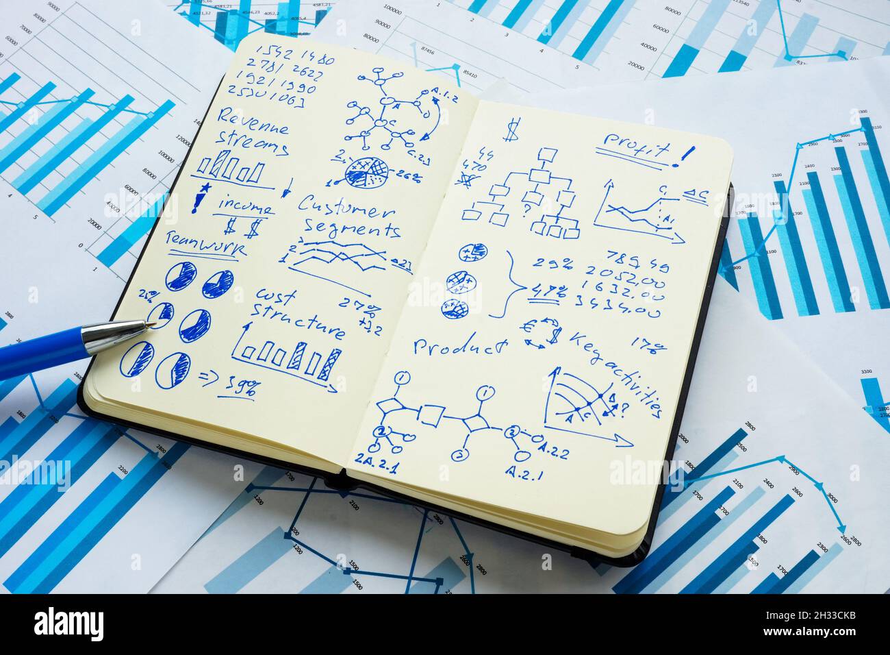 Business plan e strategia per l'avvio nel blocco note e documenti. Foto Stock