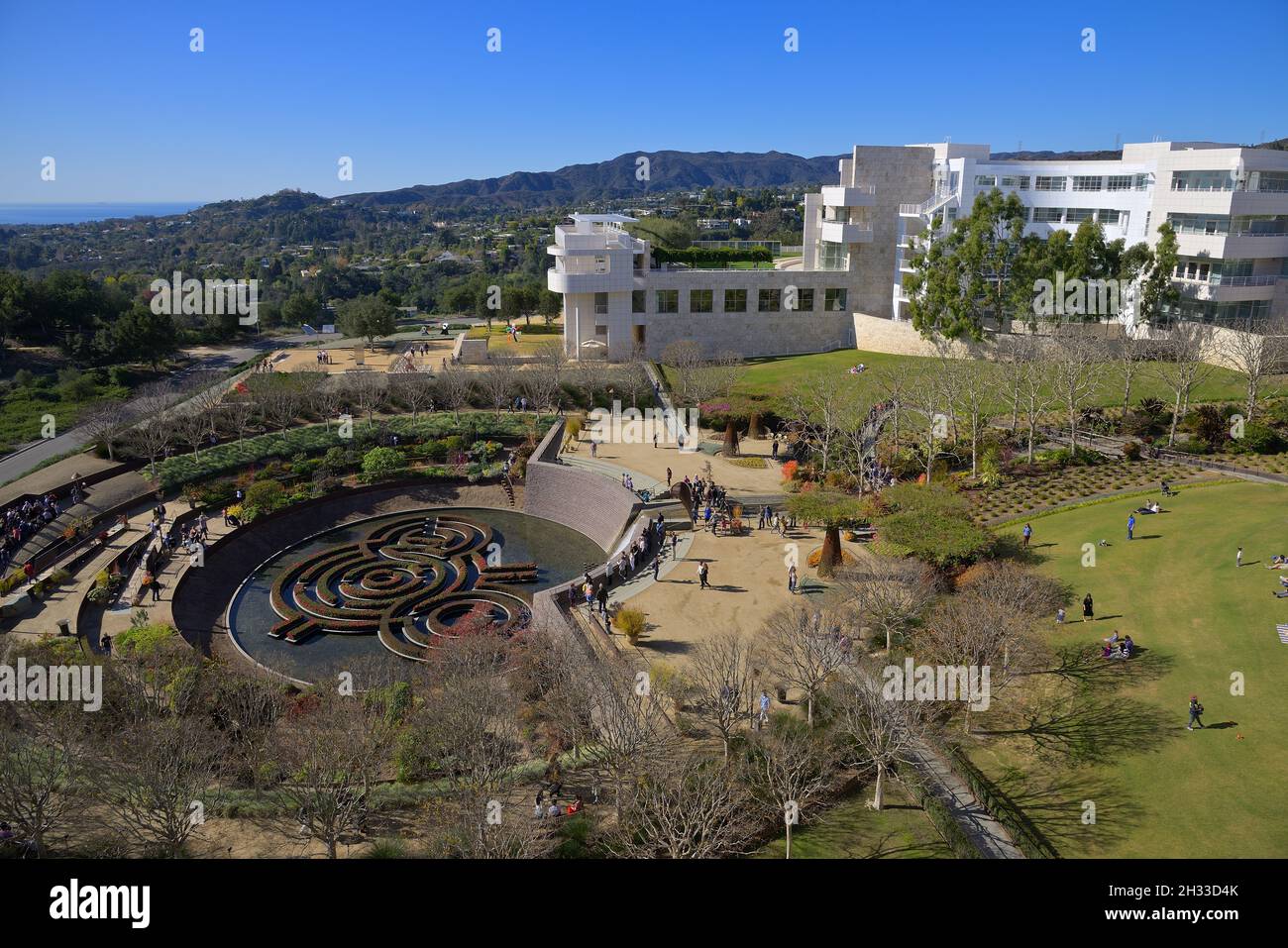 L'incredibile Getty Center nelle montagne di Santa Monica si affaccia su Los Angeles, Brentwood, California Foto Stock