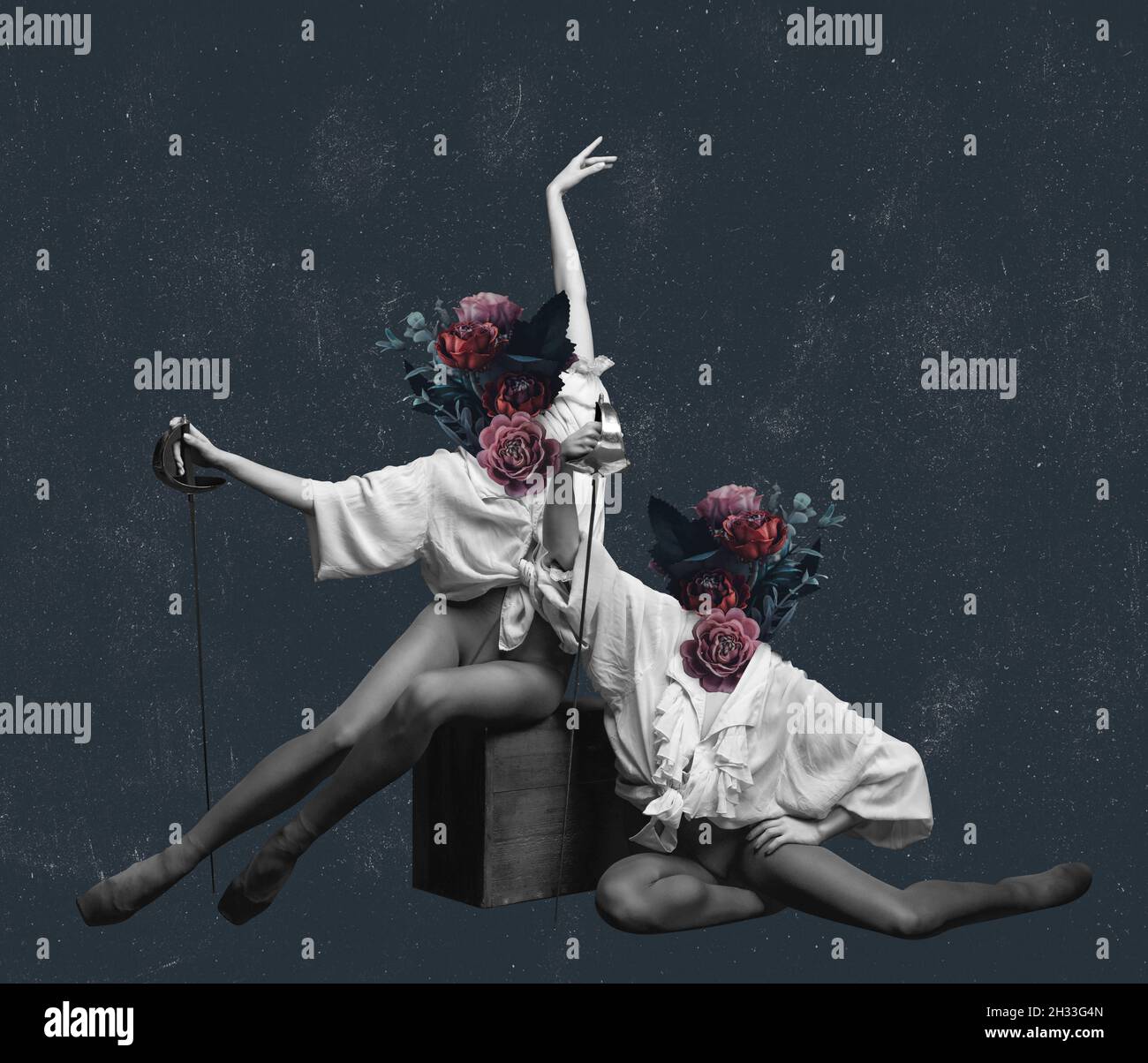 Collage d'arte contemporanea, design moderno. Stile retrò. Coppia di ballerini, ballerine con fiori e piante su sfondo scuro. Foto Stock