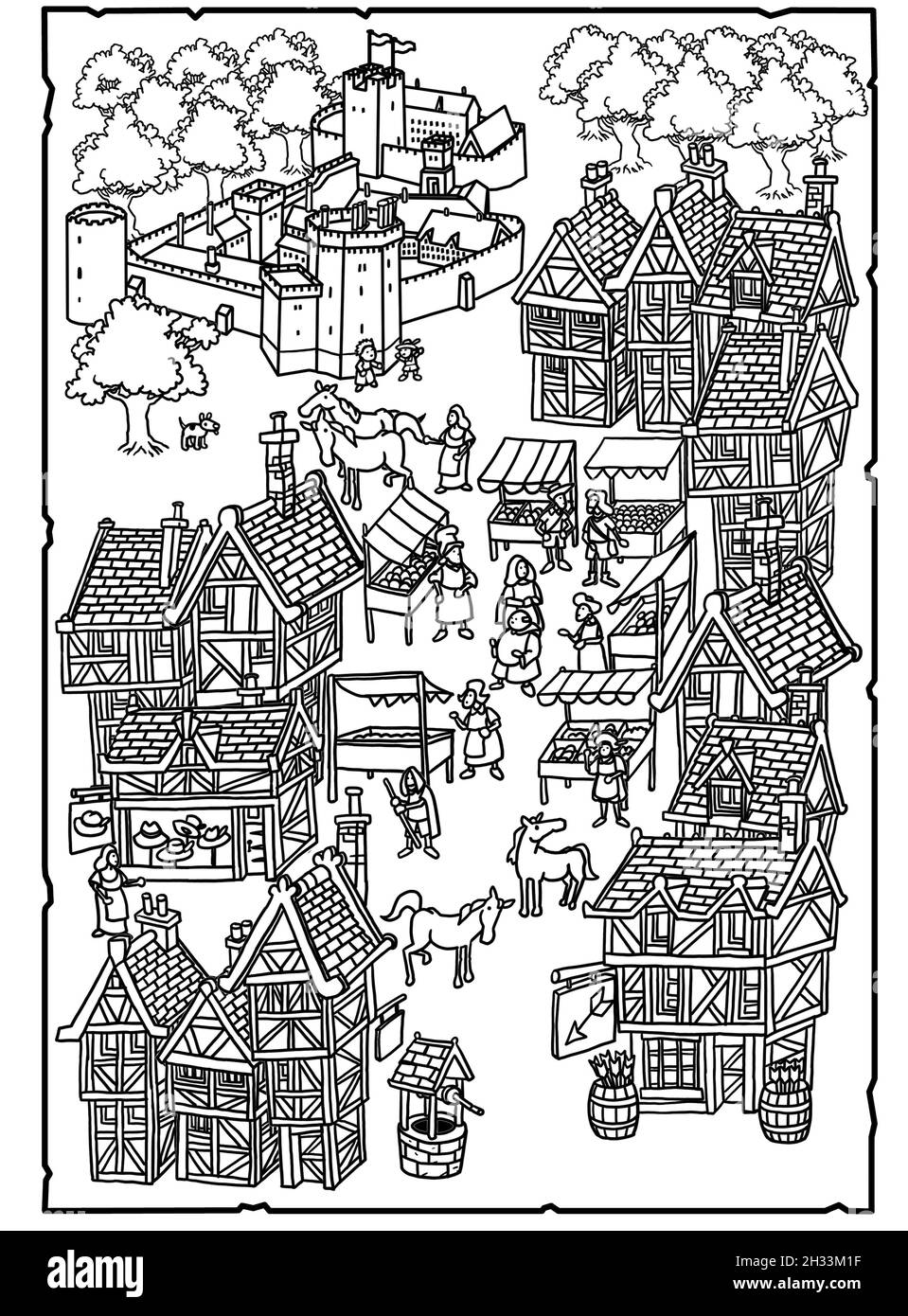 Illustrazione a penna e inchiostro del medievale Nottingham, con castello, piazza del vecchio mercato, case in legno, bancarelle alimentari. Illustrazione del libro del vestito, educativo Foto Stock