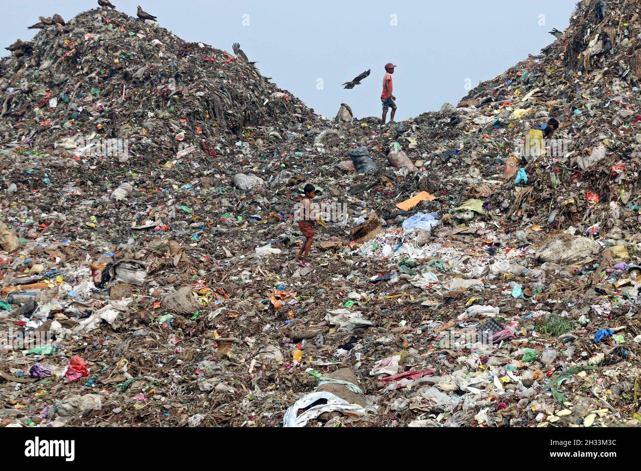 Persone raccolta rifiuti pick i rifiuti non biodegradabili da utilizzare per l'industria di riciclaggio in discarica sito a Dhaka molte persone vivono raccogliendo rifiuti dalle montagne di rifiuti che è generato quotidianamente, soprattutto dalla capitale di Dhaka. Il Bangladesh, l'ottavo paese più popoloso del mondo, ha attualmente un grave problema di inquinamento dovuto alla produzione di rifiuti solidi nelle aree urbane del Bangladesh, che equivale a circa 25,000 tonnellate al giorno. La città di Dhaka produce un quarto di tutti i rifiuti urbani del paese. Si prevede che i rifiuti solidi urbani totali aumentino fino a 47,000 tonnellate per Foto Stock