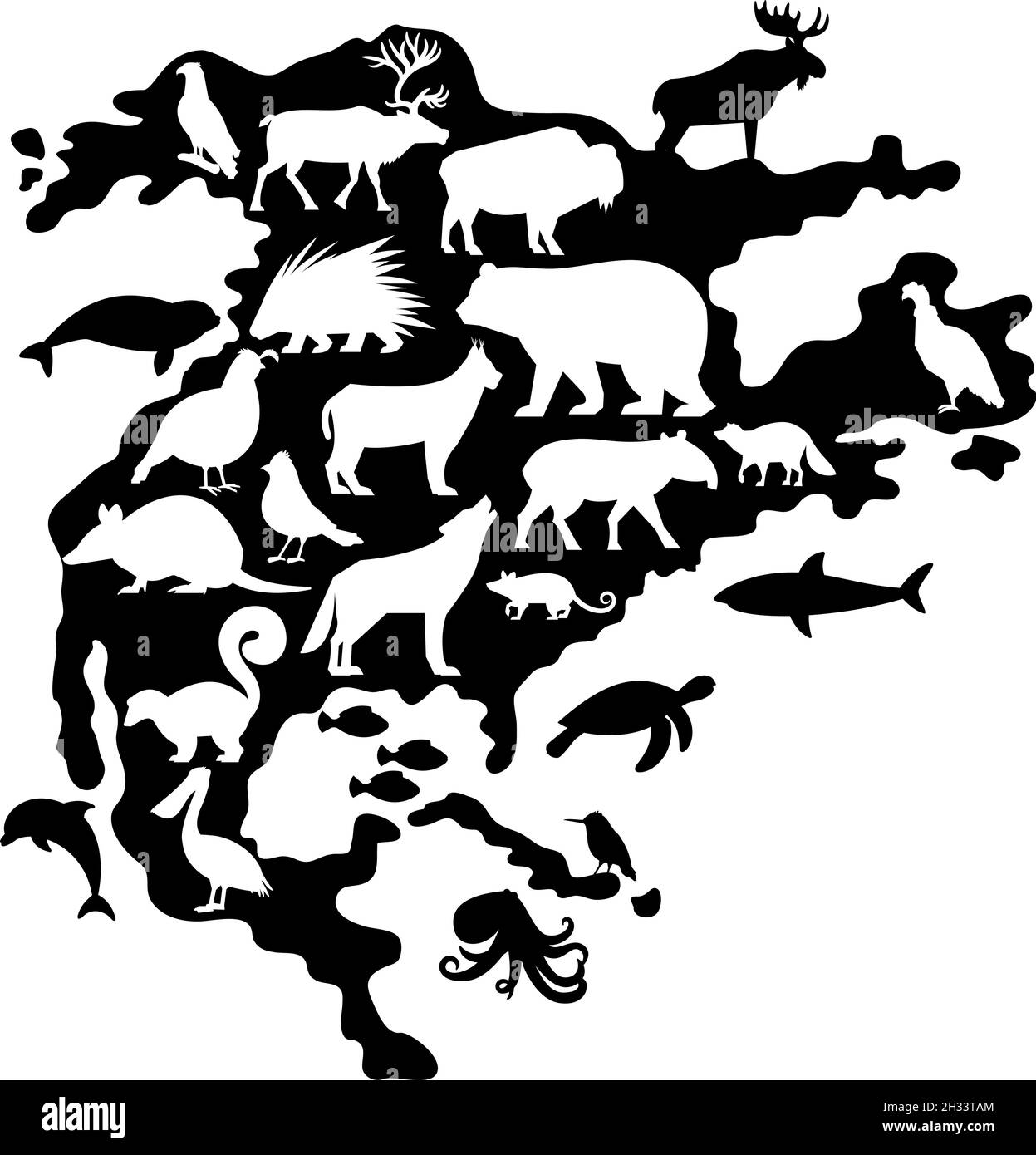 Sagome nere di diversi animali e uccelli sulla mappa del Nord America Illustrazione Vettoriale
