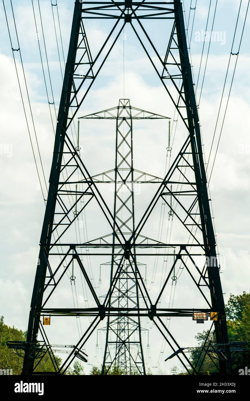 Tralicci della rete nazionale del Regno unito con cavi di trasmissione sopraelevati, linee elettriche che passano attraverso i fuochi d'artificio delle foreste. Prospettiva compressa. Foto Stock