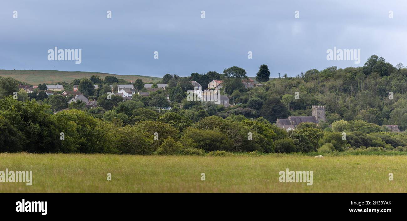 A Distant View of Llanrhidian Village, The Gower, Wales, UK Foto Stock