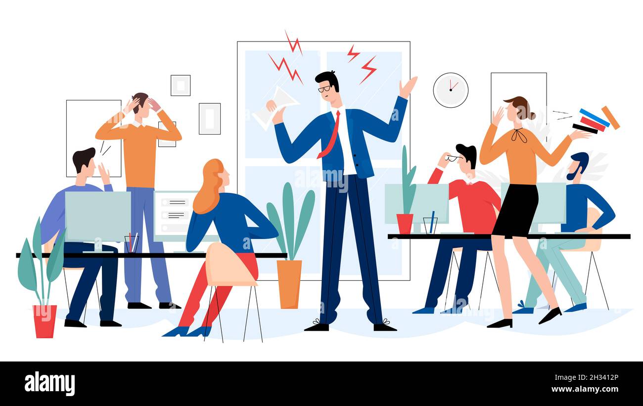 Boss arrabbiato in Office flat vettoriale illustrazione. I dipendenti spaventati sono sconvolti da un furioso top manager. Caratteri vettoriali stressati. Concetto di scadenze mancante Illustrazione Vettoriale