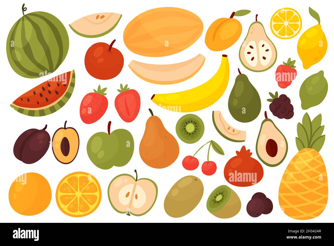 Illustrazione vettoriale del set di frutti e bacche. Cartoon mezza o intera raccolta di frutti e frutta fresca con anguria arancione mela prugna fragola kiwi pera banana avocado ananas isolato su bianco Illustrazione Vettoriale