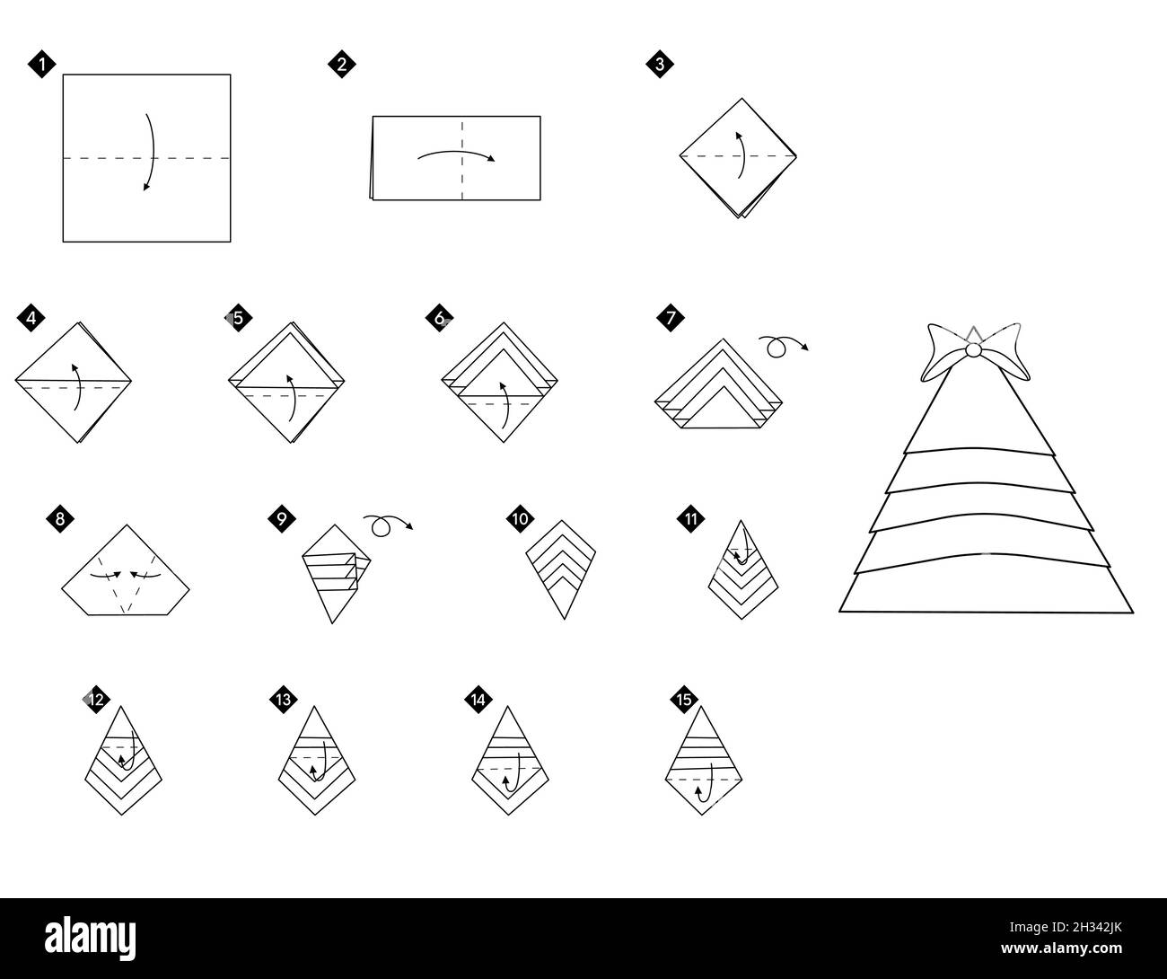 Come piegare un tovagliolo sotto forma di albero di Natale. Istruzioni monocromatiche in linea nera, tutorial passo passo. Illustrazione Vettoriale