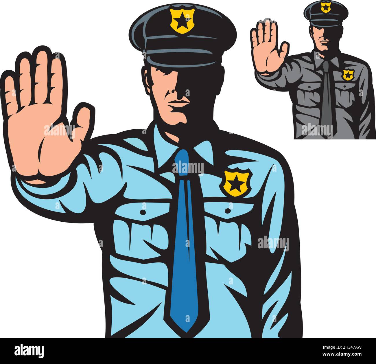 Uomo di polizia gesturante stop segno vettore illustrazione Illustrazione Vettoriale