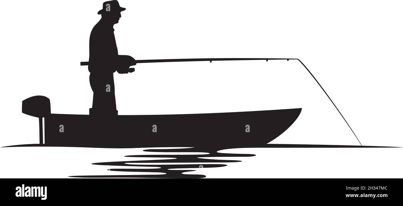 Fisherman in un'illustrazione vettoriale di silhouette di barca Illustrazione Vettoriale