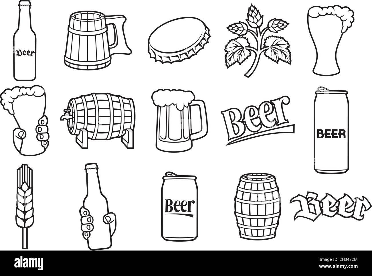 Set di icone della linea di birra (ramo Hop, barile di legno, bicchiere da tenere a mano, barattina, tappo per bottiglia, tazza, bottiglia) illustrazione vettoriale Illustrazione Vettoriale