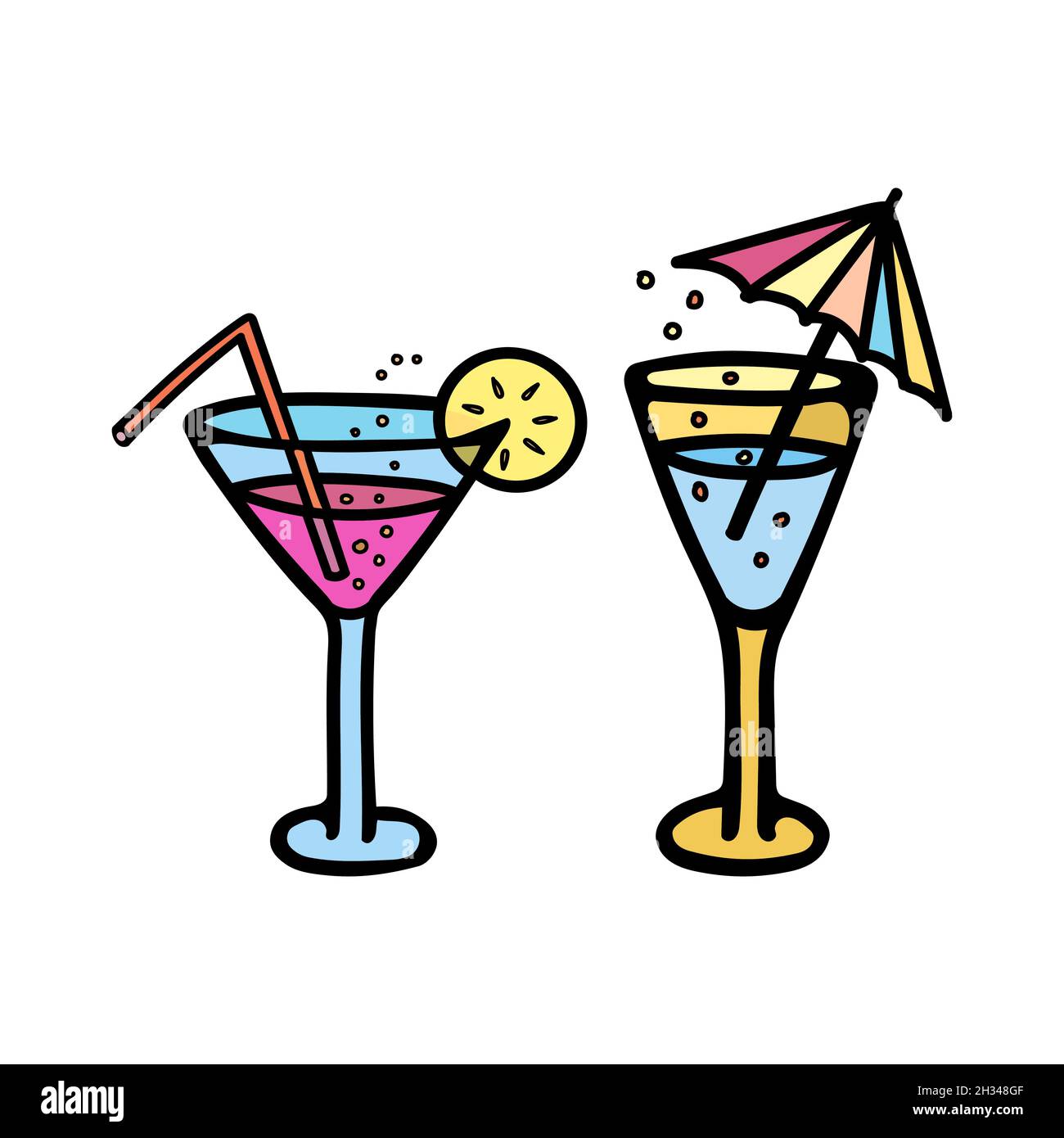 Set di illustrazioni vettoriali a colori di bicchieri da cocktail con bolle, limone, ombrello e paglia. Illustrazione Vettoriale