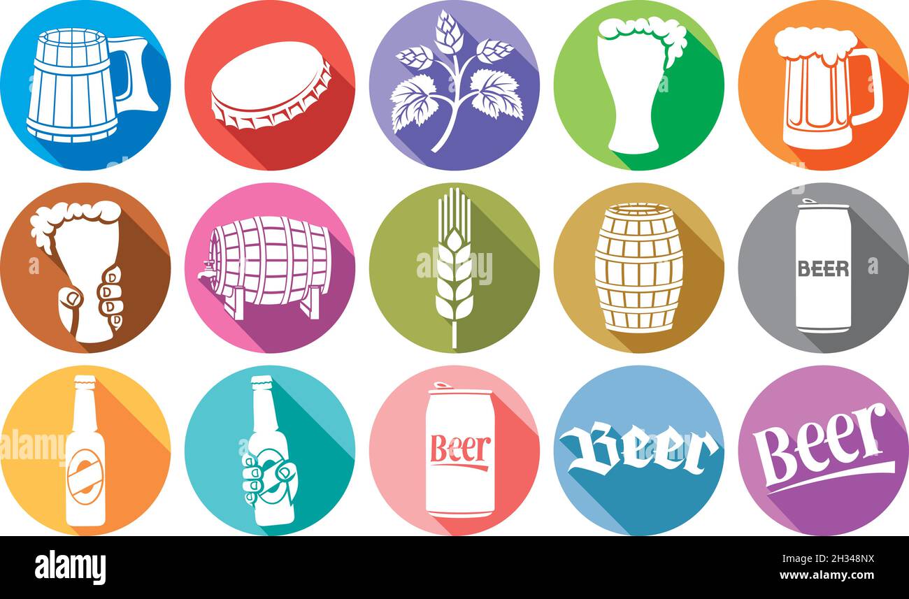Collezione di icone piatte di birra (foglia di luppolo, barile di legno, vetro, lattina, tazza, bottiglia) Illustrazione Vettoriale