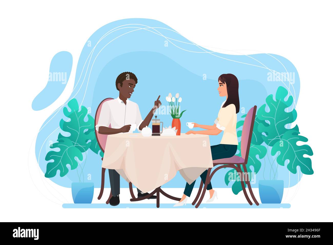 Giovane coppia in ristorante, appuntamento d'affari, pausa pranzo con mangiare. Uomo e donna che bevono caffè, cena romantica congiunta, immagine vettoriale piatta Illustrazione Vettoriale