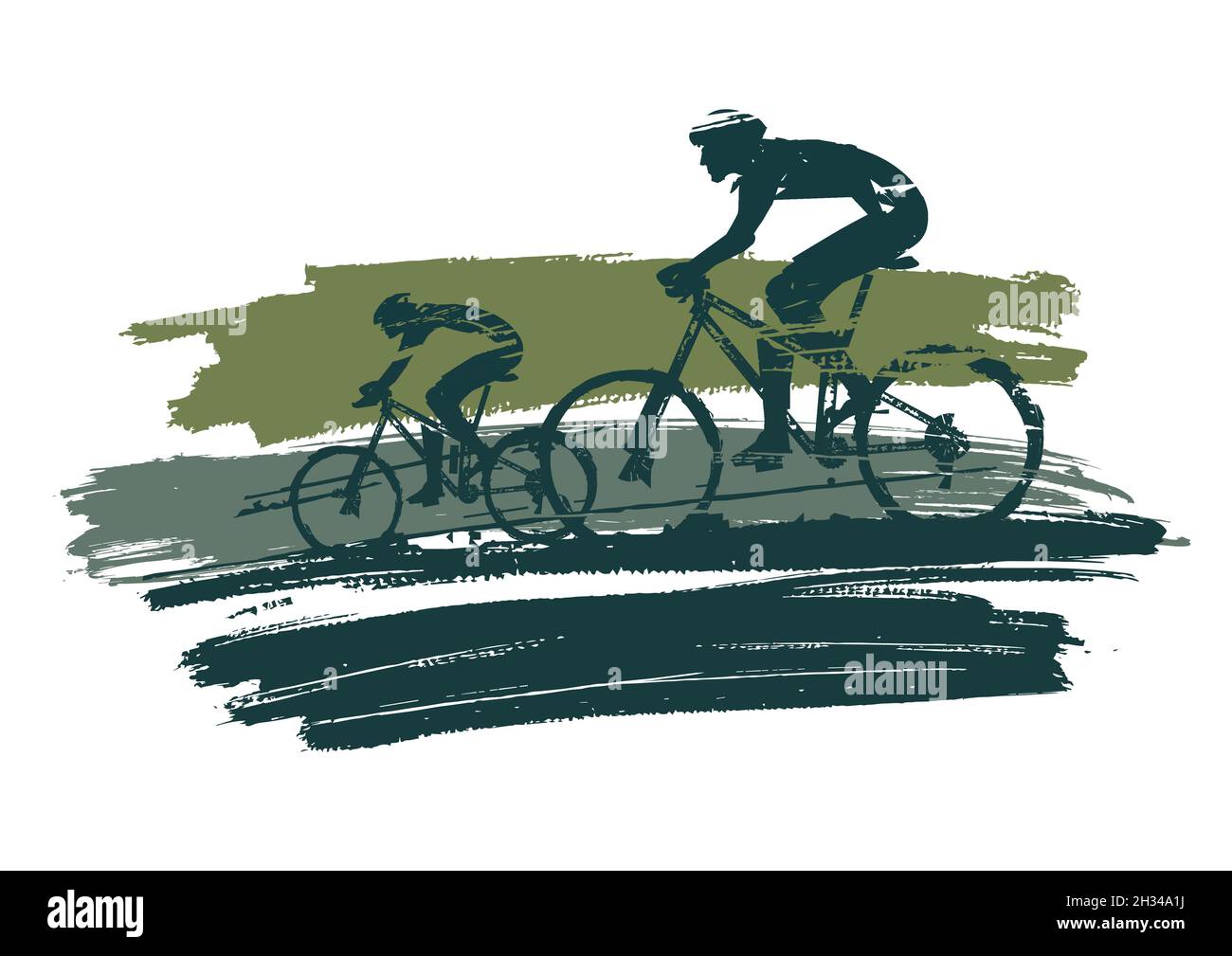 Ciclisti in mountain bike, grunge stilizzato. Illustrazione di due ciclisti su pennellate espressive colorate. Isolato su sfondo bianco. Illustrazione Vettoriale