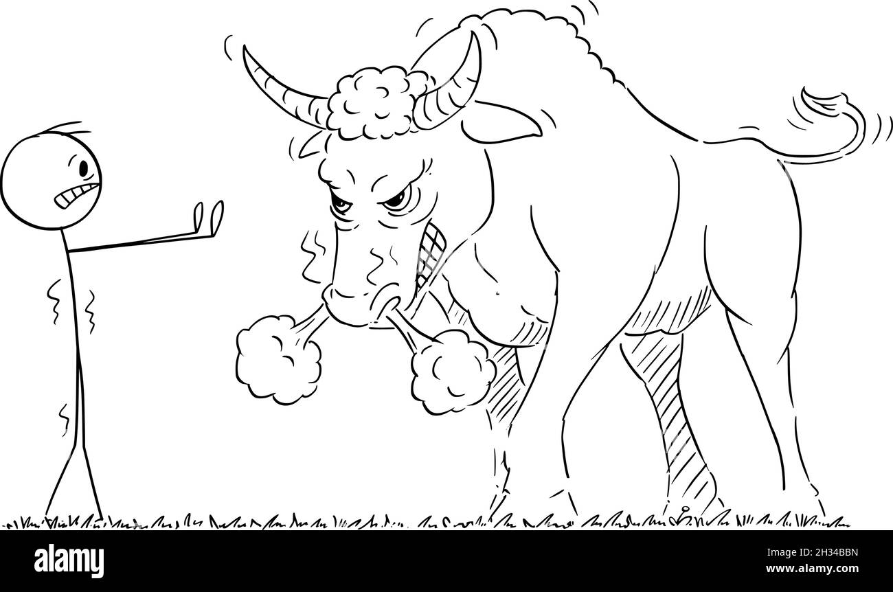 Persona o uomo d'affari che guarda Dangerous Angry Bull, Financial Market Concept, Vector Cartoon Stick Illustrazione Illustrazione Vettoriale