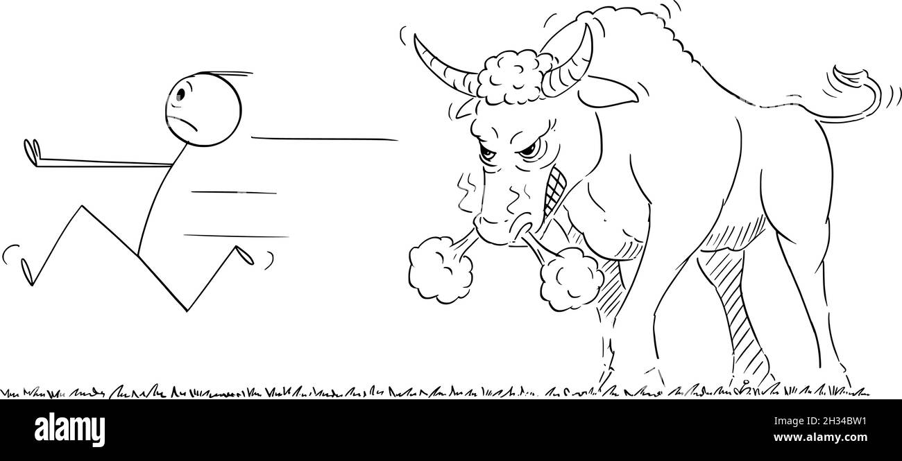 Persona o uomo d'affari che corre via in Panic da pericoloso Bull Angry, concetto di mercato finanziario, Vector Cartoon Stick Illustrazione Illustrazione Vettoriale