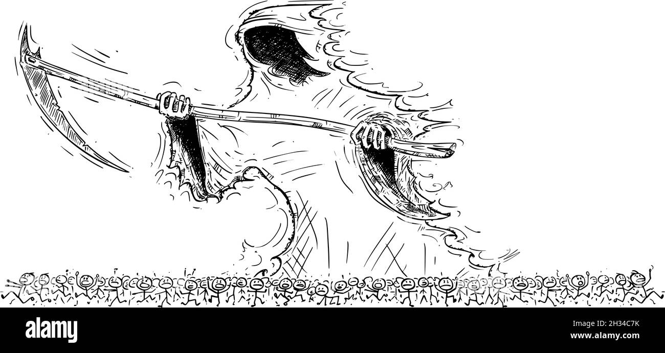 Grima Reaper o personificazione della morte Scythe folla di persone, Vector Cartoon Stick Figure Illustrazione Illustrazione Vettoriale