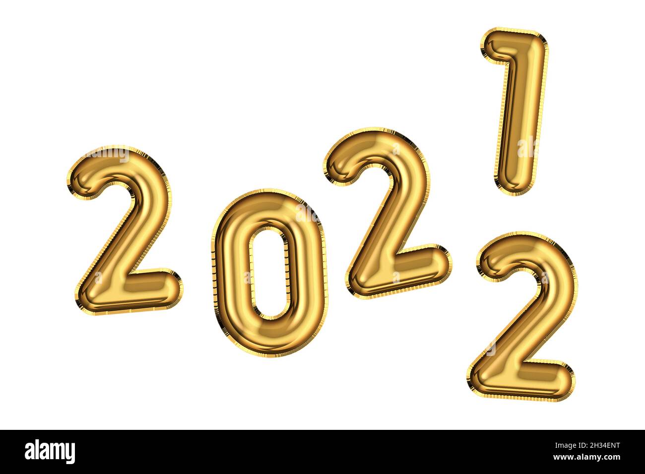 Palloncini in lamina d'oro forma anno numero 2022 isolato su sfondo bianco Foto Stock
