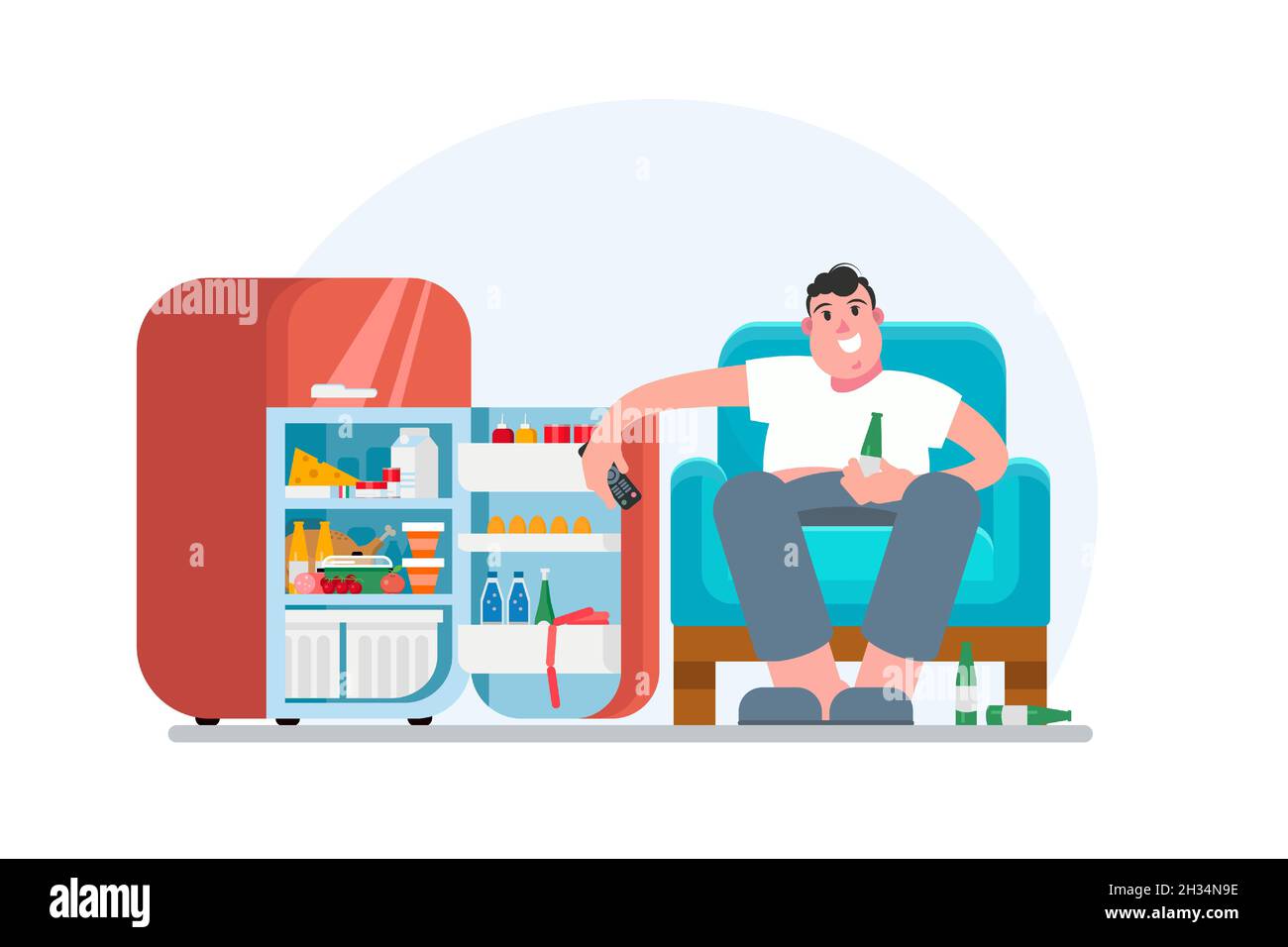 Illustrazione vettoriale di un uomo cartoon che guarda la TV, bevendo birra, seduto sul divano vicino al frigo aperto con cibo. Design piatto. Illustrazione Vettoriale
